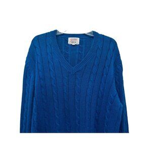 Men's Vintage Large Cotton V-Neck Cable Knit Sweater in Blue by Independently BA